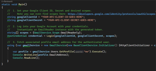 Gmail API in C# - OAuth 2 Authentication Example: Source code preview