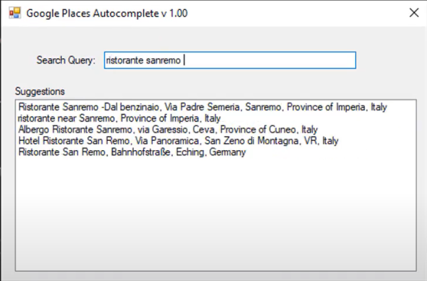 Google Places Autocomplete API in C# Example: Program execution GUI