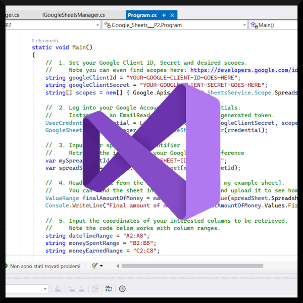 Google Sheets API in C# - Read Data from Spreadsheets: Source code preview