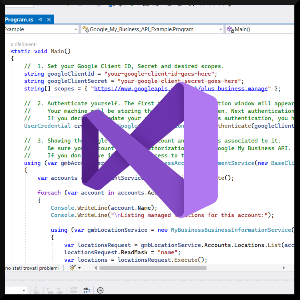 Google My Business C# API Example: Source code preview